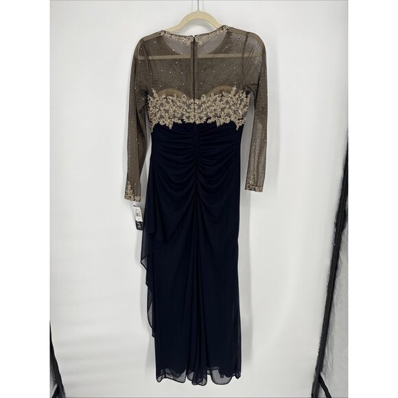 New XSCAPE Size 2 Petite Navy Gold Embellished Illusion-Bodice Ruched Gown Dress - Picture 6 of 10